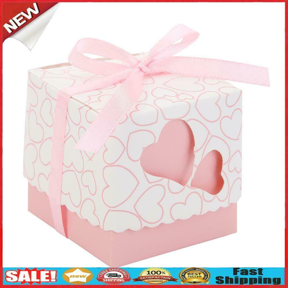 10pcs Double Heart Cut Hollow Candy Boxes Wedding Valentine Gift (Pink) @