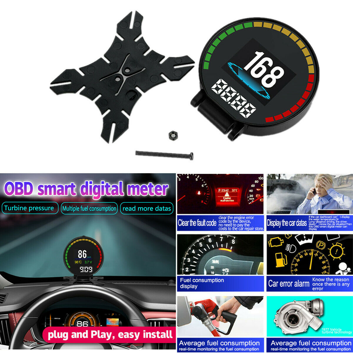 Multi-function OBD Smart Digital Gauge Car Head-up Monitor Display Speed/Temp
