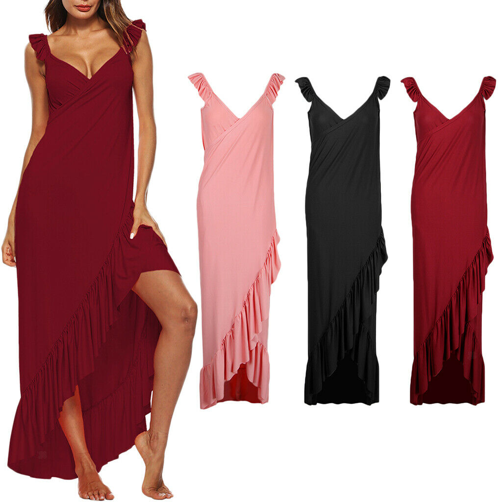 Women's Dress, Deep V Neck Backless Maxi Sundress Beach Party Swing Dress  S Red