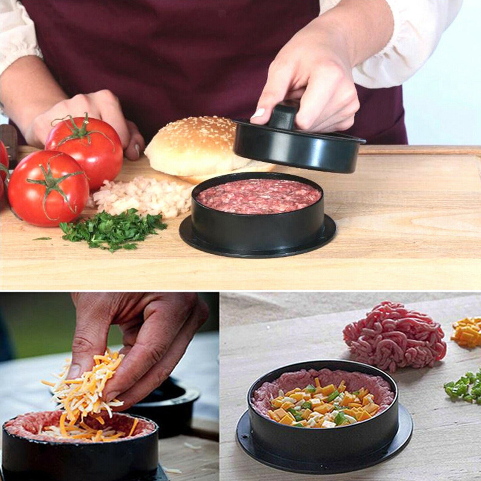 Non Stick 3 IN 1 Stuffed Burger Press Hamburger Patty Mold Maker Sliders BBQ