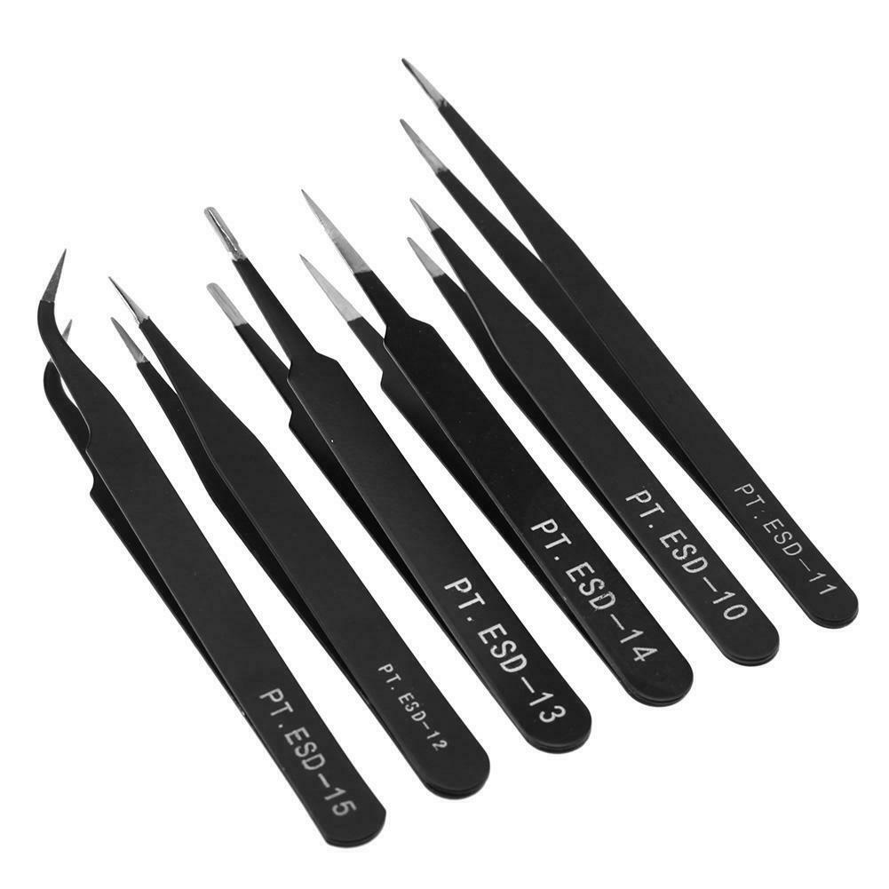 6pcs Stainless Steel Safe Anti-Static Tweezers Set Manicure Tool with Bag  @