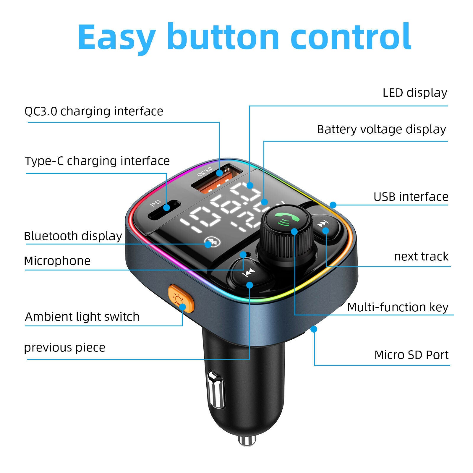 C87B Car Mp3 PD/QC3.0 Bluetooth Car Charger FM Transmitter U Disk Music Player