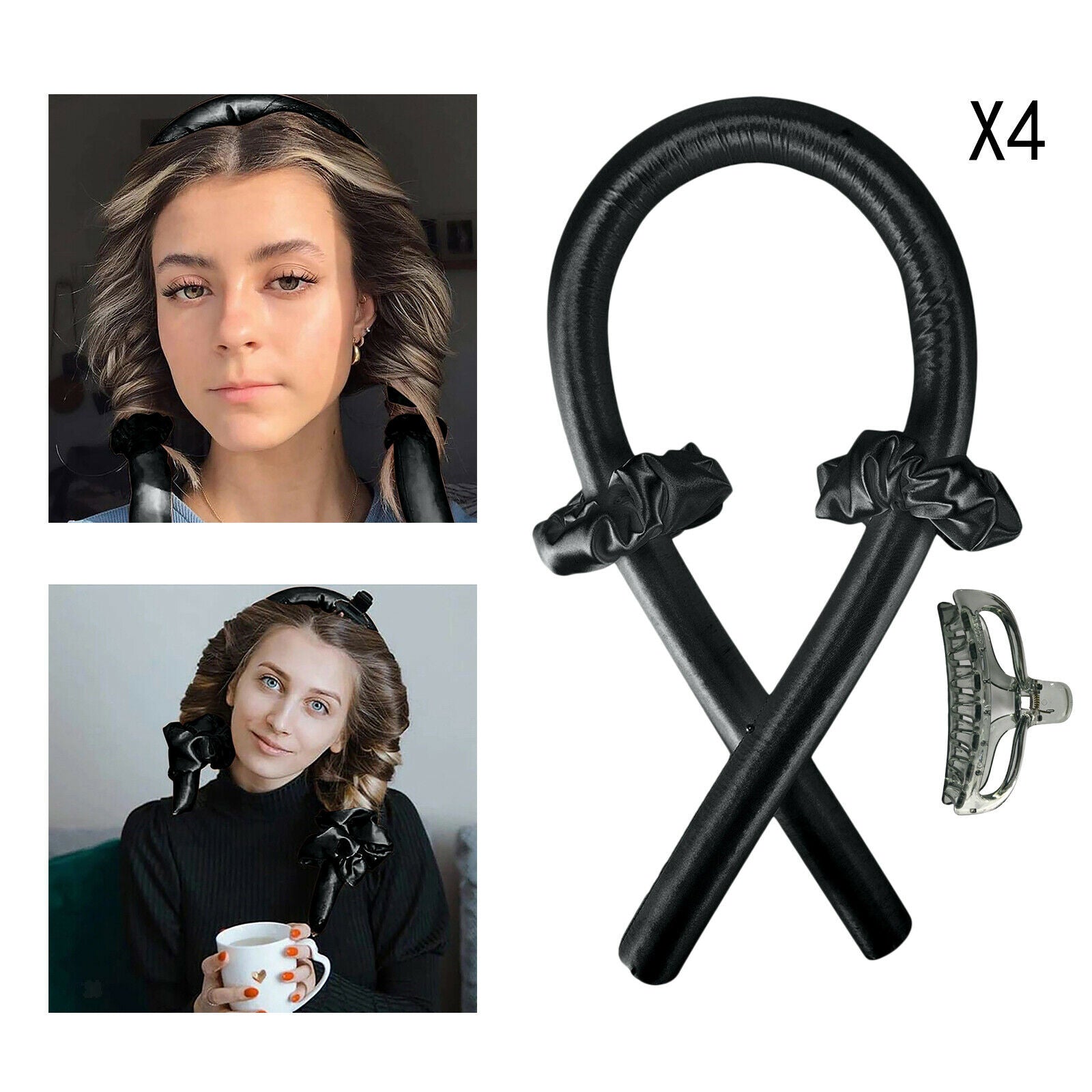 4x Styler Heatless Curling Rod Headband Wave Set Hair Curlers DIY Black