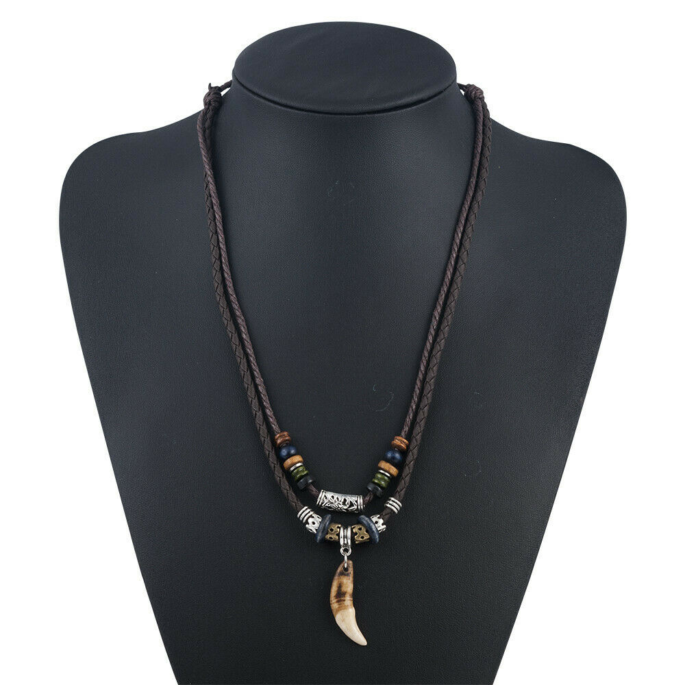 1PC Men's Bohemia Wolf Tooth Pendant Leather Beaded Weaved Necklace Jewelry Punk
