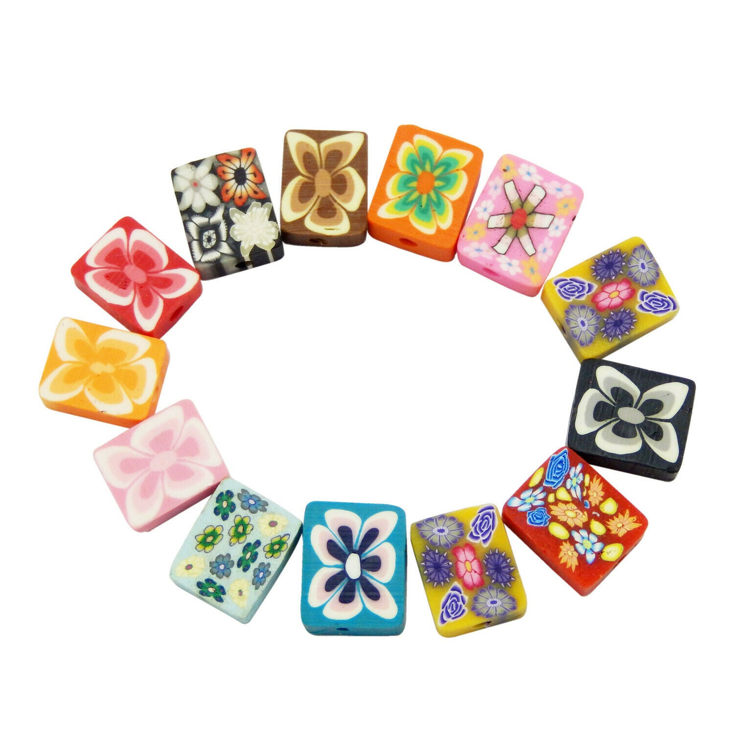 40 Assorted Floral Rectangle Polymer Clay Bead Bracelet Jewelry Crafting 12X10mm