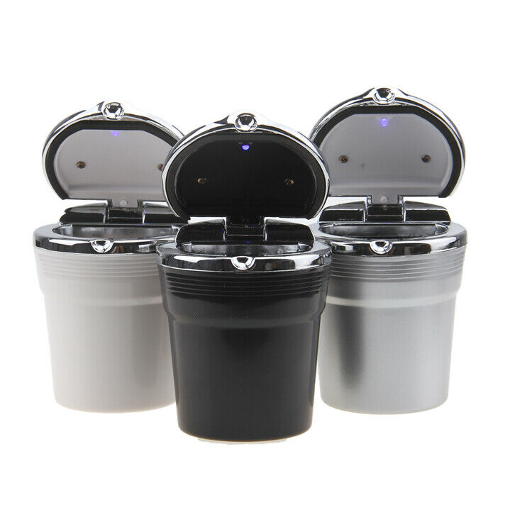 Portable Stainless Car Cigarette Ashtray Ash W/ Blue LED Light  Cup Holder Black