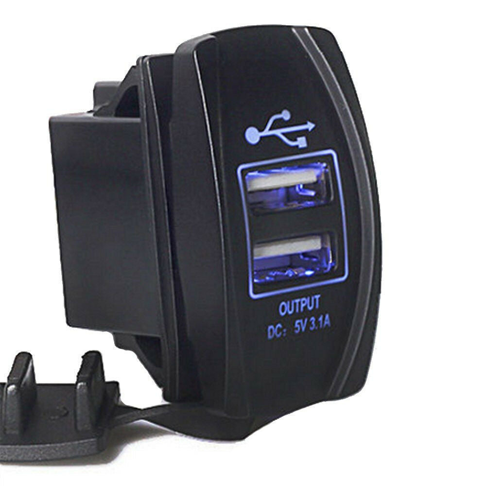Car Boat Dual USB Charger Socket Power Carling ARB Rocker Switch Blue LED 12-24V