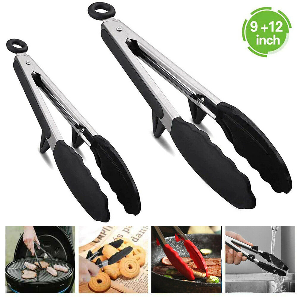 2Pcs Stainless Steel Kitchen Cooking Tongs Bread Tongs Silicone BBQ Clips Tongs