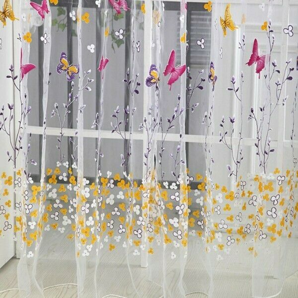 2x Colorful Buttefly Flower Sheer Voile Window Scarf