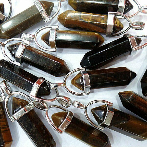 25Pcs 42x9mm Natural Tiger Eye Gem Point Chakra Healing Six Angle Pendant HH7997