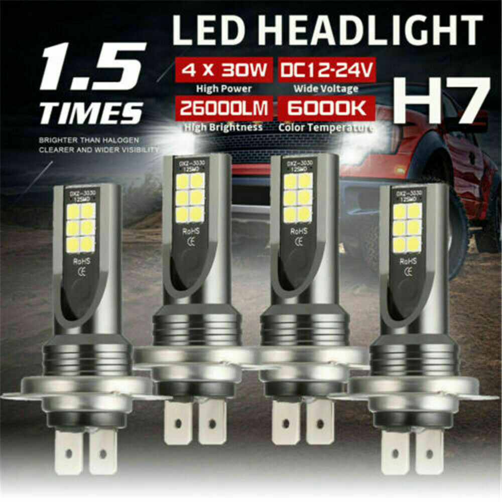 4Pcs H7 LED Headlight Bulbs Conversion Kit Hi/Lo Beam 120W 26000LM 6000K Bright