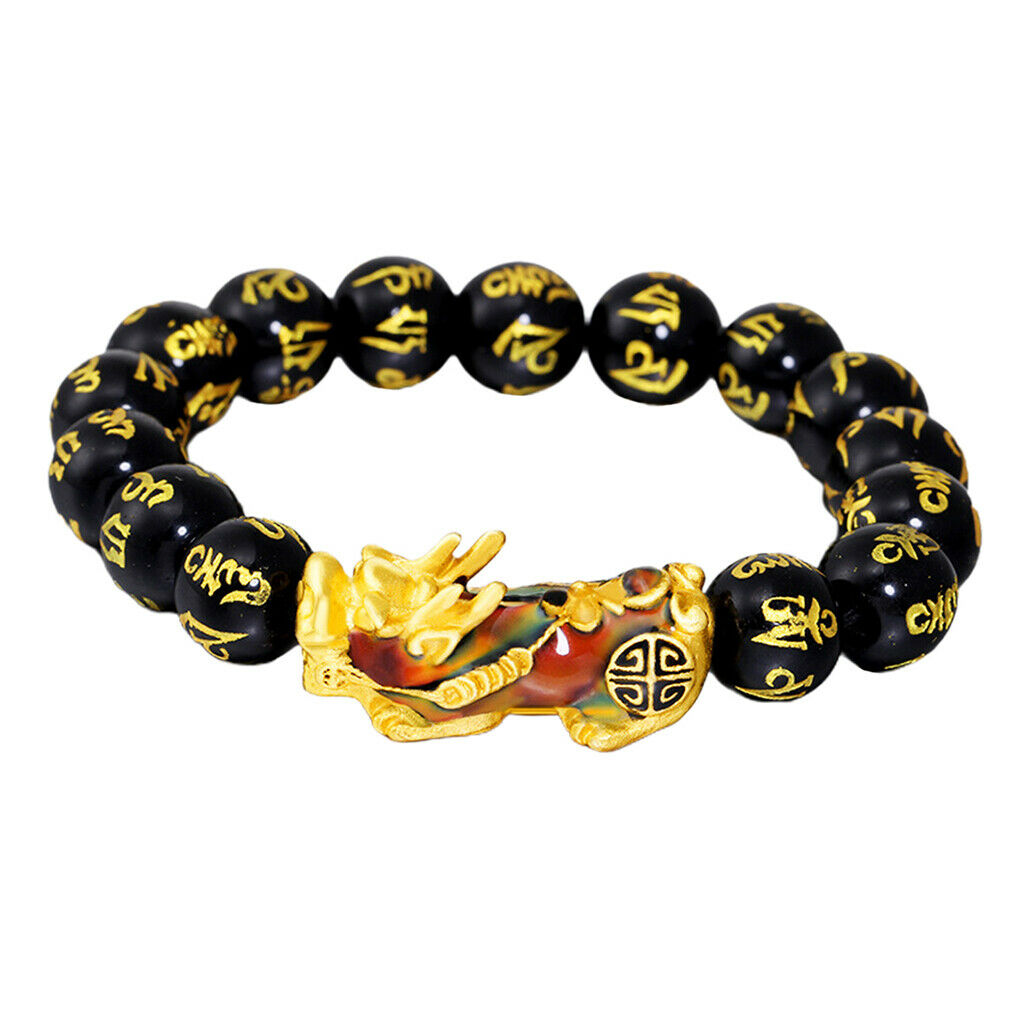 Feng Shui Black Obsidian Pixiu Charms Bracelet Jewelry Elastic Black
