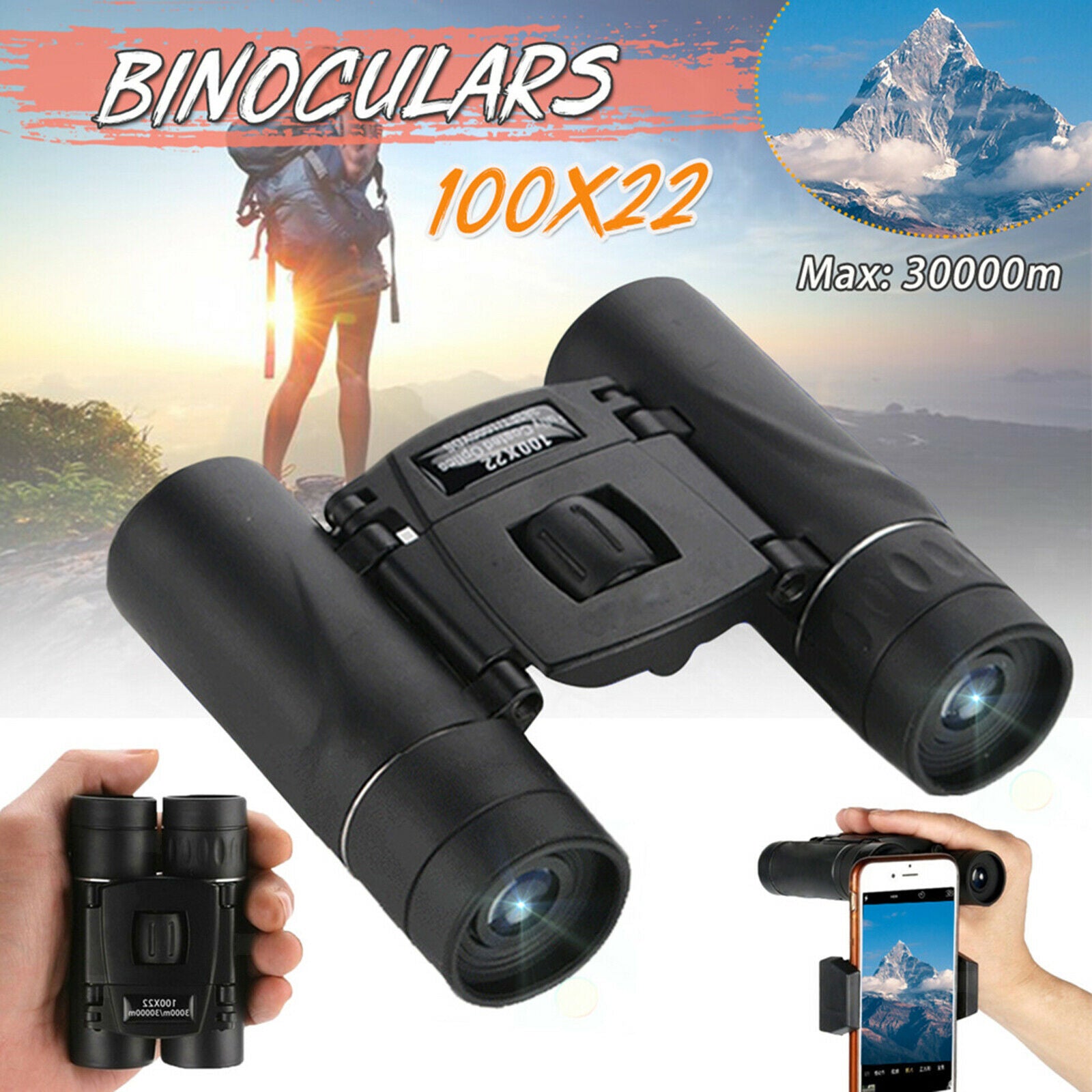 100x22 Compact Binoculars BAK4 Prism HD Phone Telescope Adults Kids Outdoor
