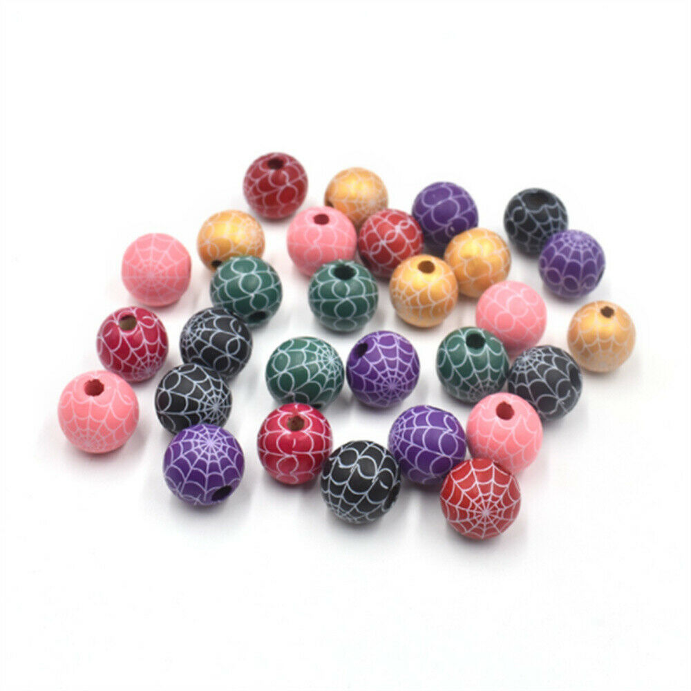 20 Mix Halloween Spider Web Printed Round Beads Wood For Jewelry DIY Crafts 16mm