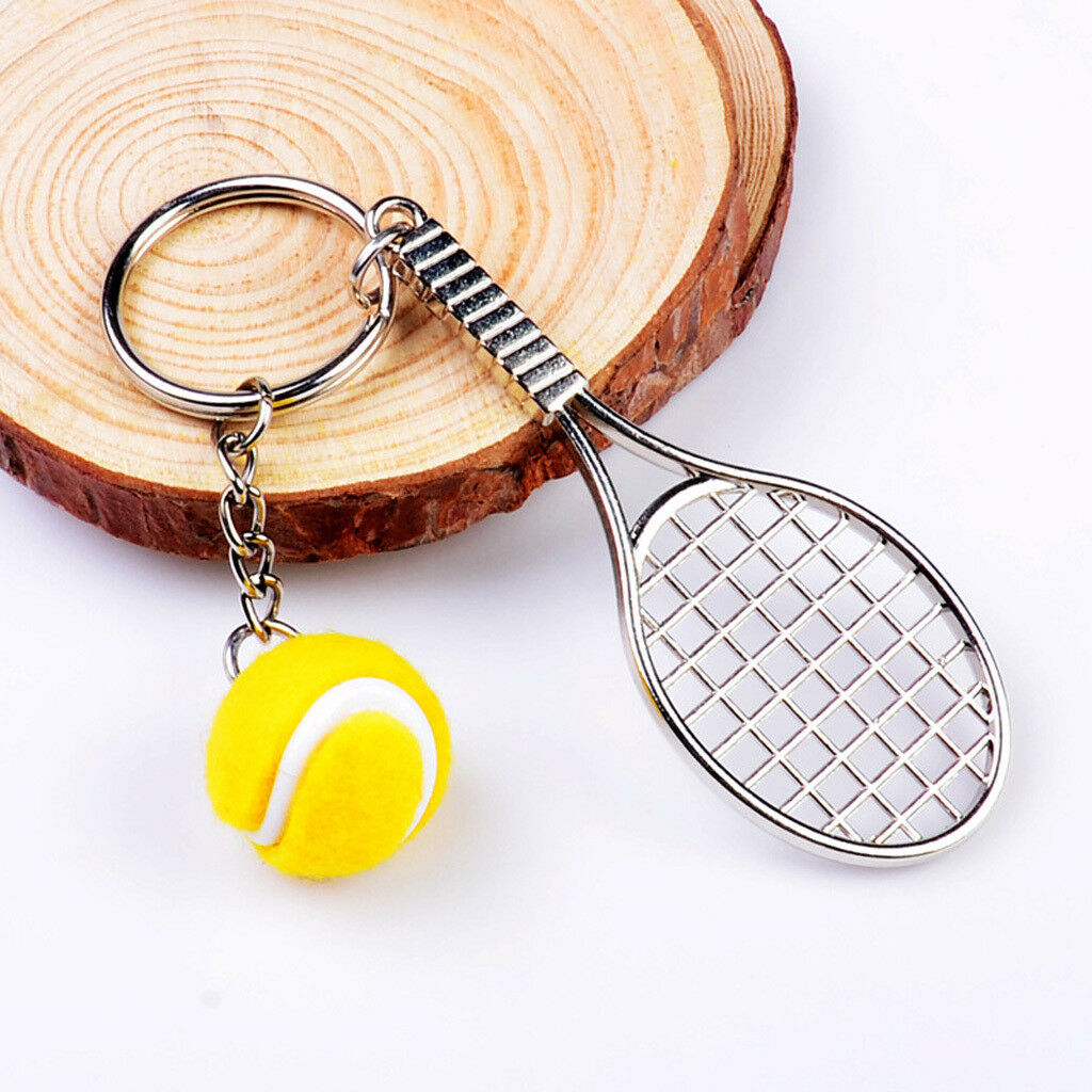 Tennis Ball Racket Pendant Charm Keyring Key Chain Split Ring of Yellow