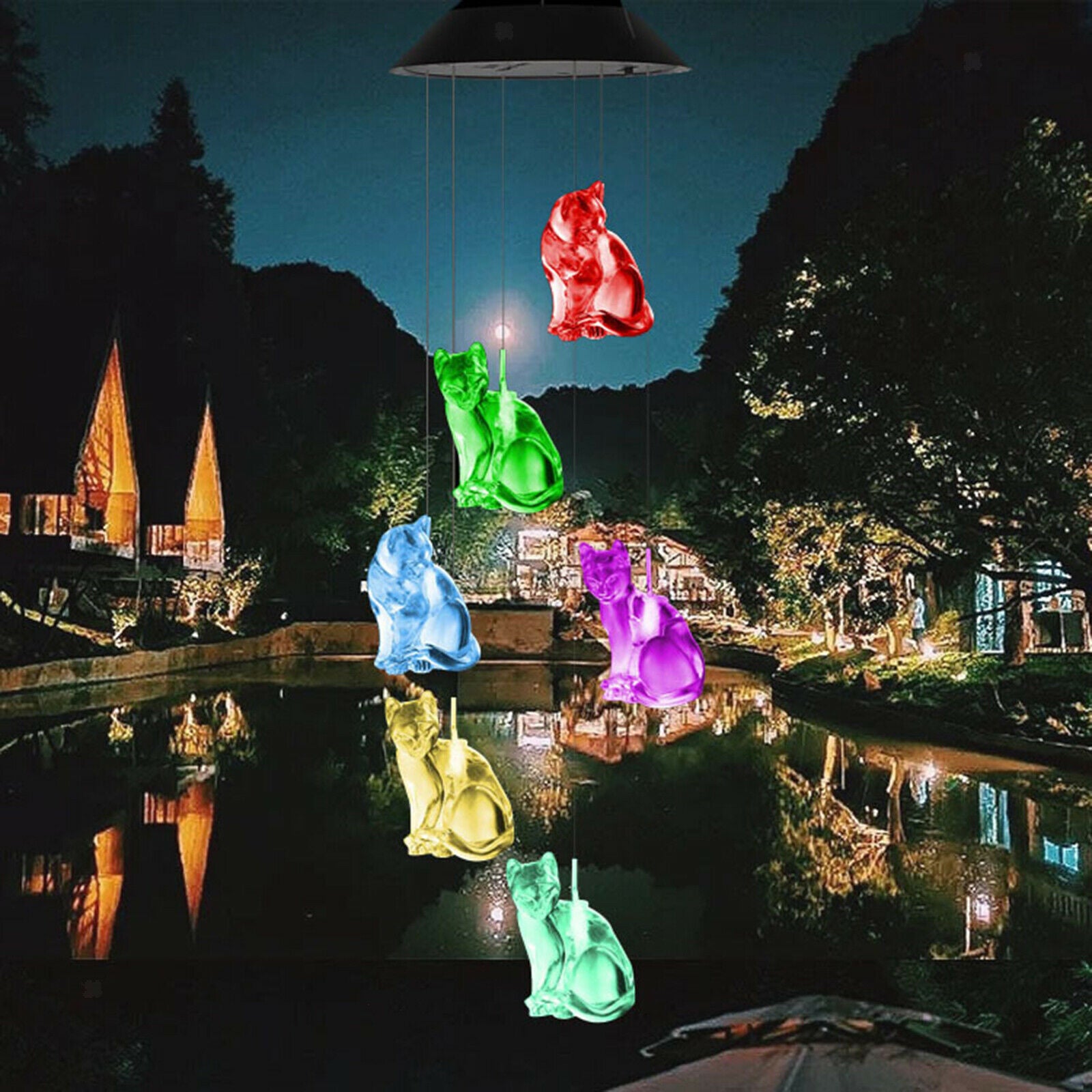 Hanging Romantic Creative Cat Solar Wind Chime LED Lamp Garden Yard Ornament