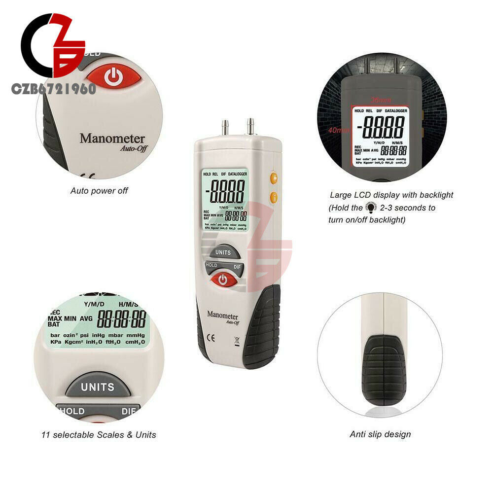 Hti HT-1890 Digital Manometer,Dual Port Air Pressure Gauge HVAC Gas Teste Meter