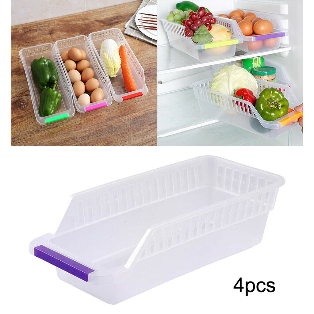 4pcs Clear Plastic Kitchen Pantry Fridge Drawer Bin Basket for Vegetables