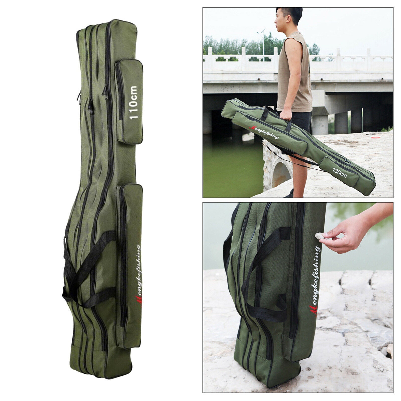 Fishing Rod Bag Carrier Pole Storage Case Tackle Reel 3 Layers 150cm Green
