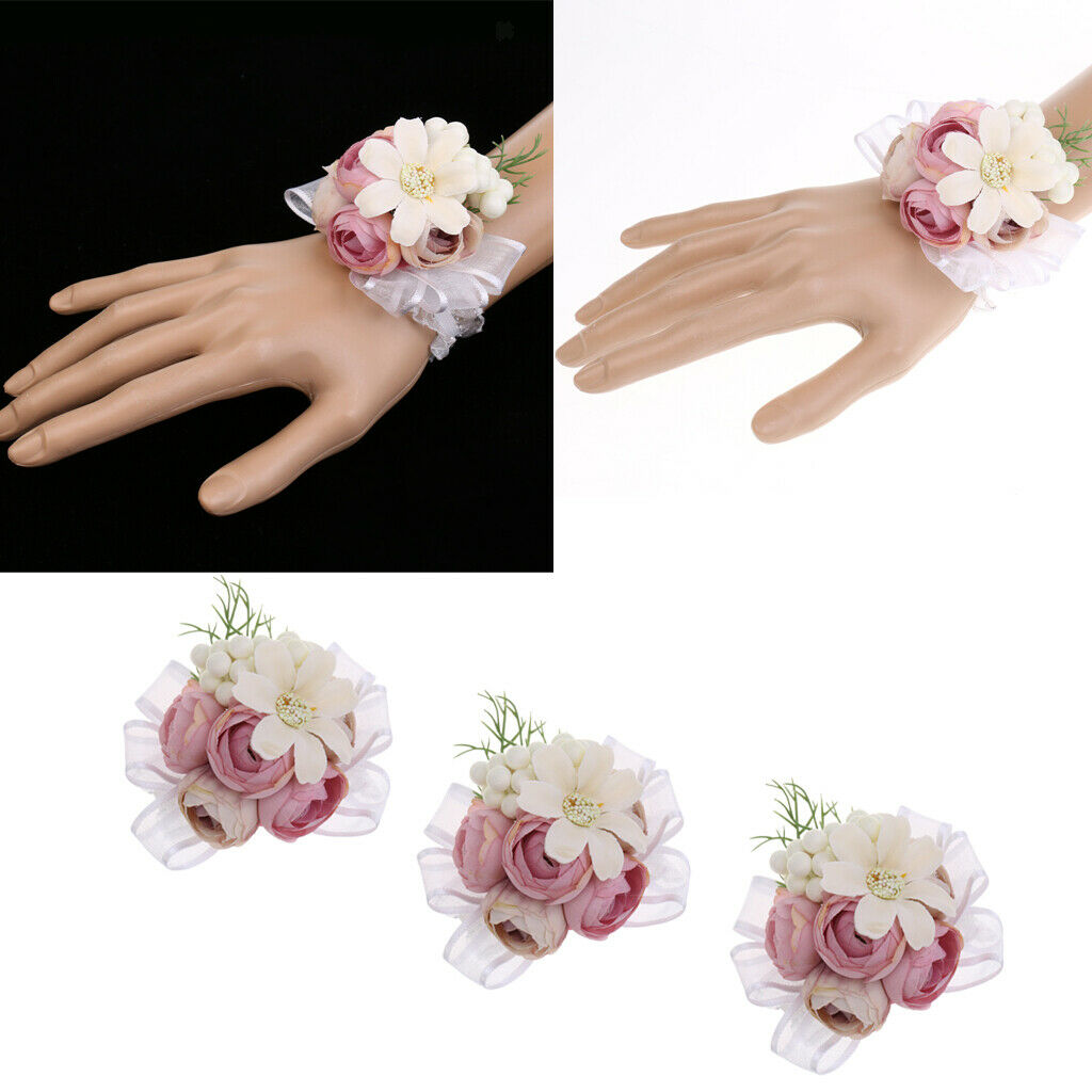 3Pcs Wedding Favours Bridesmaid Sisters Corsage Bracelet Hand Flowers Wedding