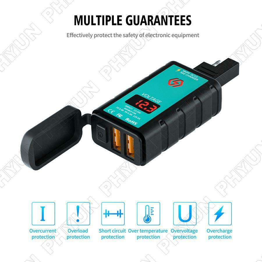 Motorcycle Scooter Dual USB Fast Charger w/ Voltmeter Power Switch SAE Socket