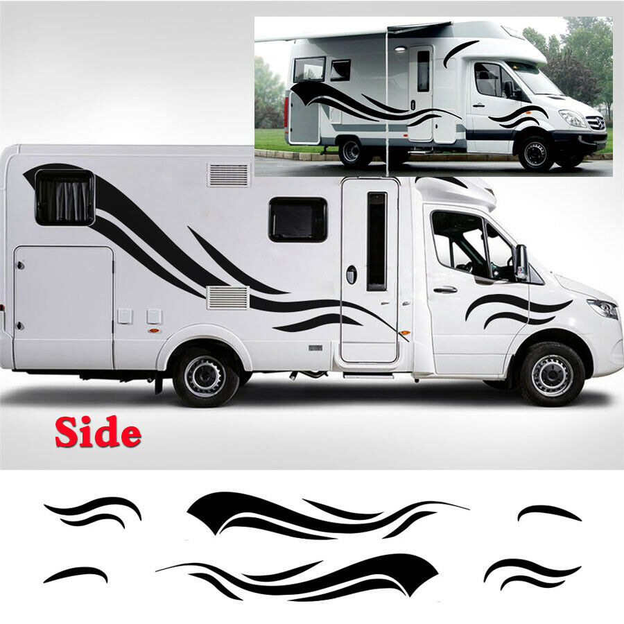 2 Sets Car RV Carvan Camper Van Body Side Stripes Graphics Vinyl  Decals Black