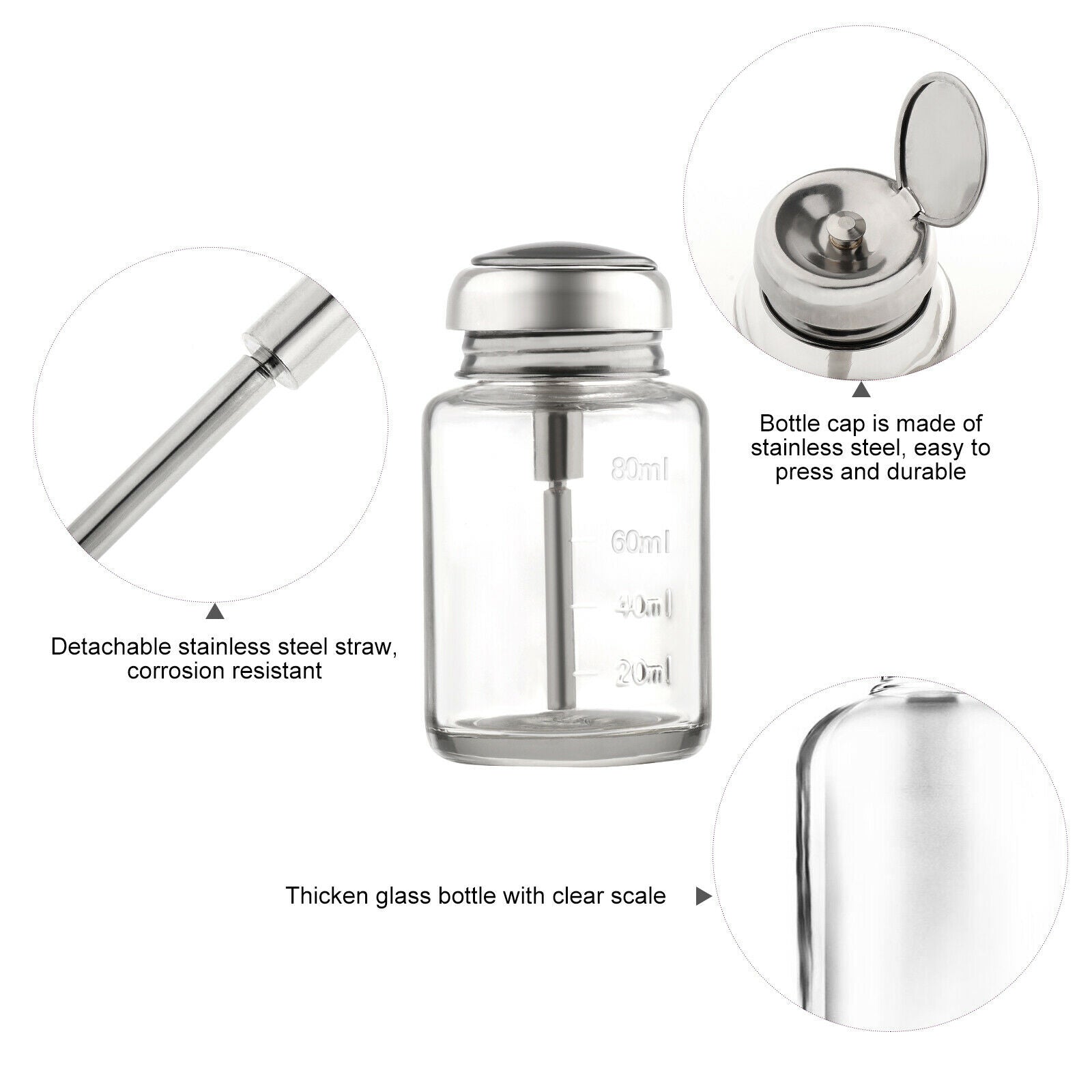 2x 80ml Empty Glass Nail Polish Remover Liquid Press Pump Dispenser Bottles