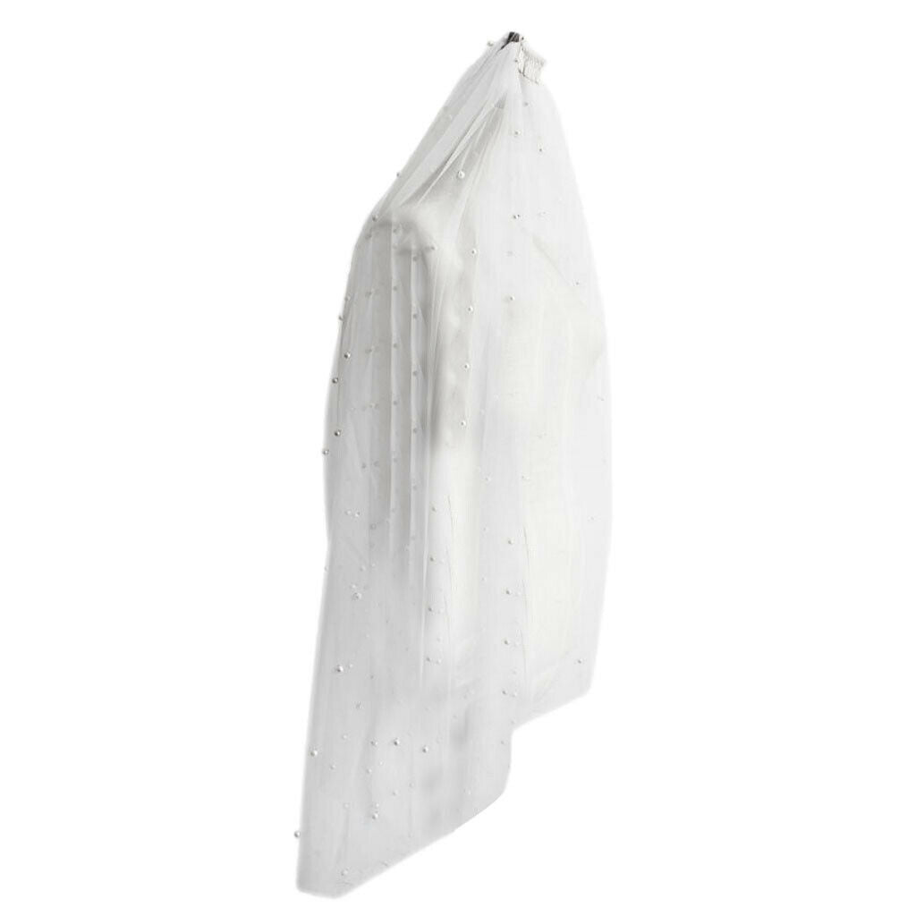 White Cathedral Length Soft Lace Wedding Bridal Veil Long Trail Pearls Decor