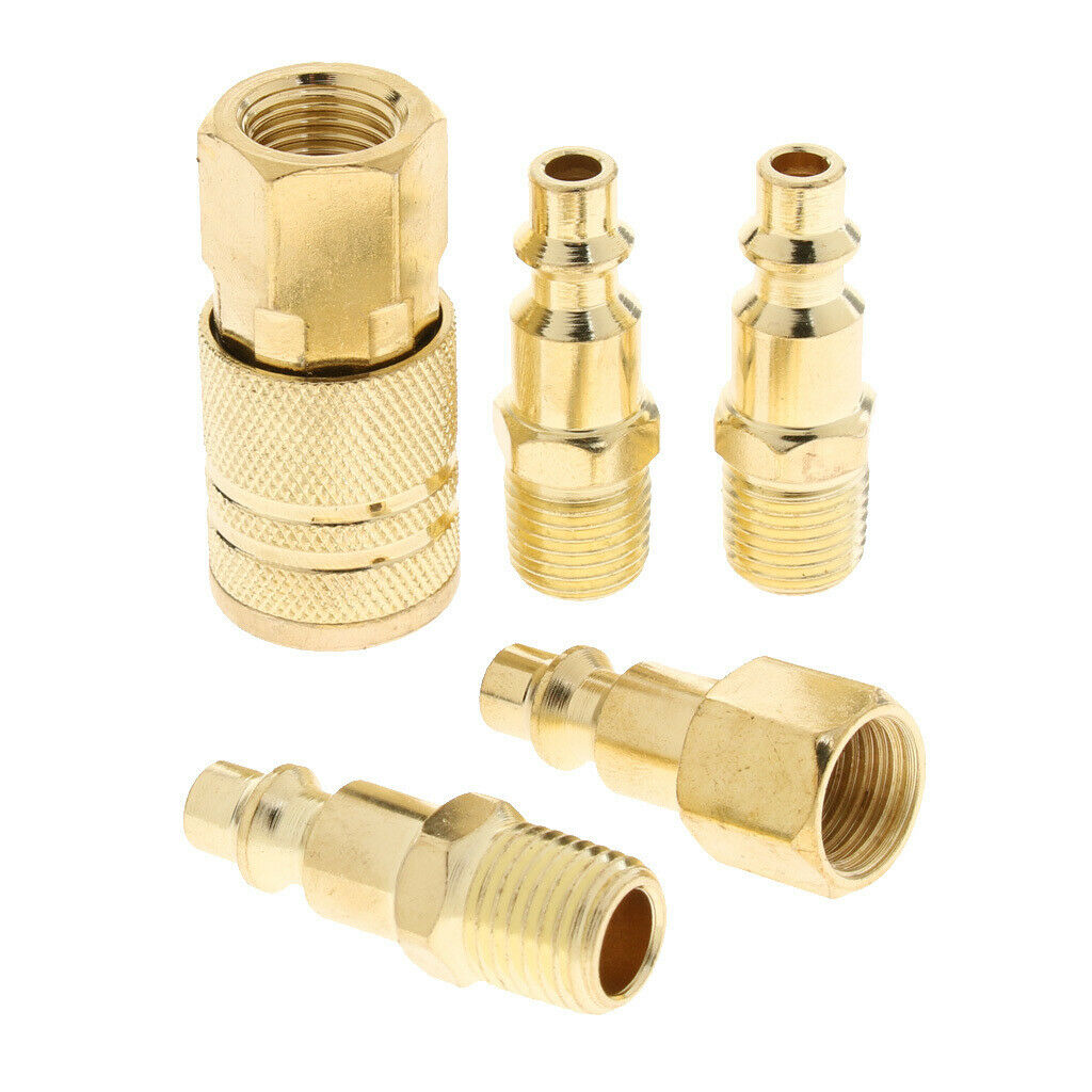 5 Piece Solid Brass Quick Coupler Set Air Hose Connector Fittings Plug 1/4 inch,