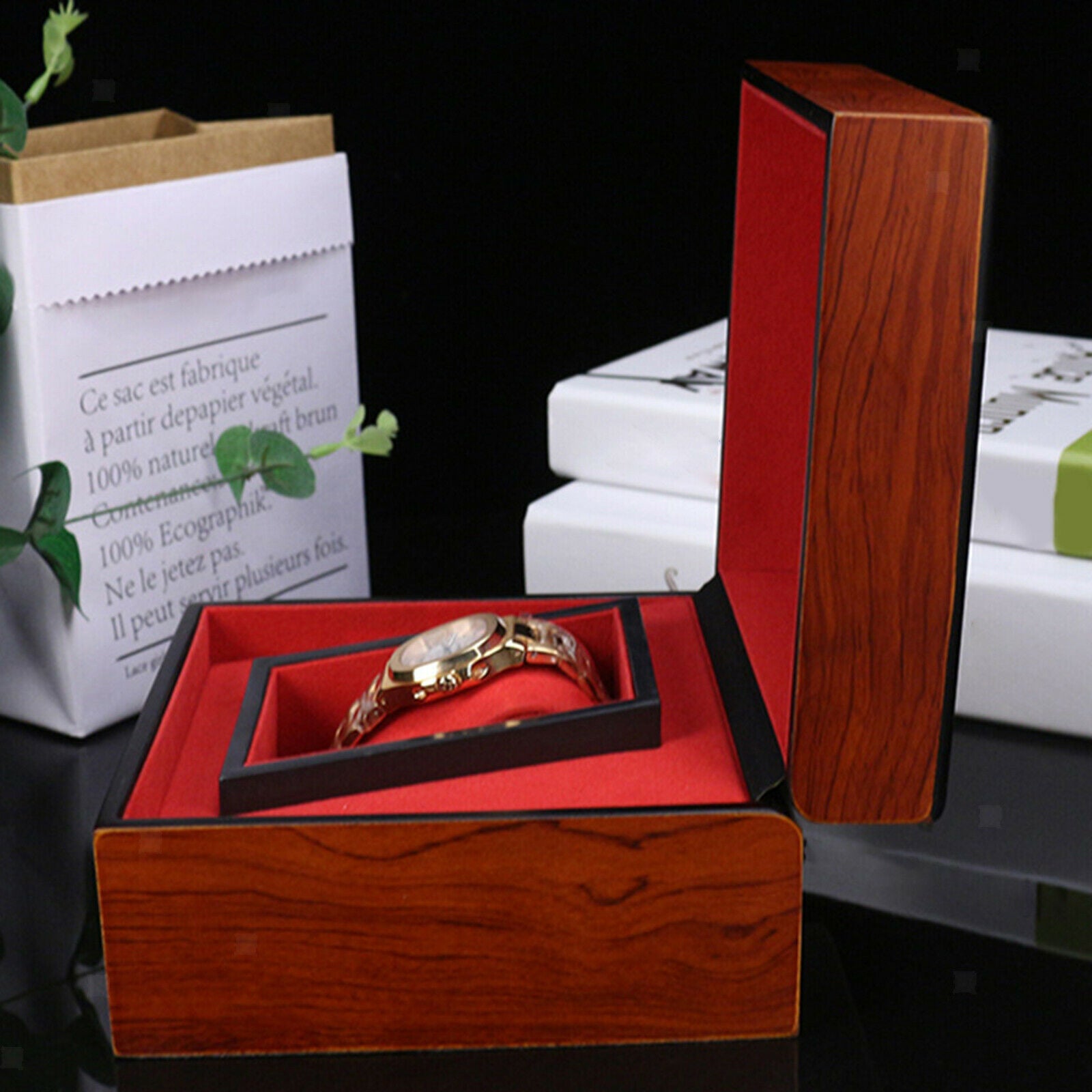 Luxury Wooden Watch Storage Case Red Pillow Showcase Wristwatch Display Case