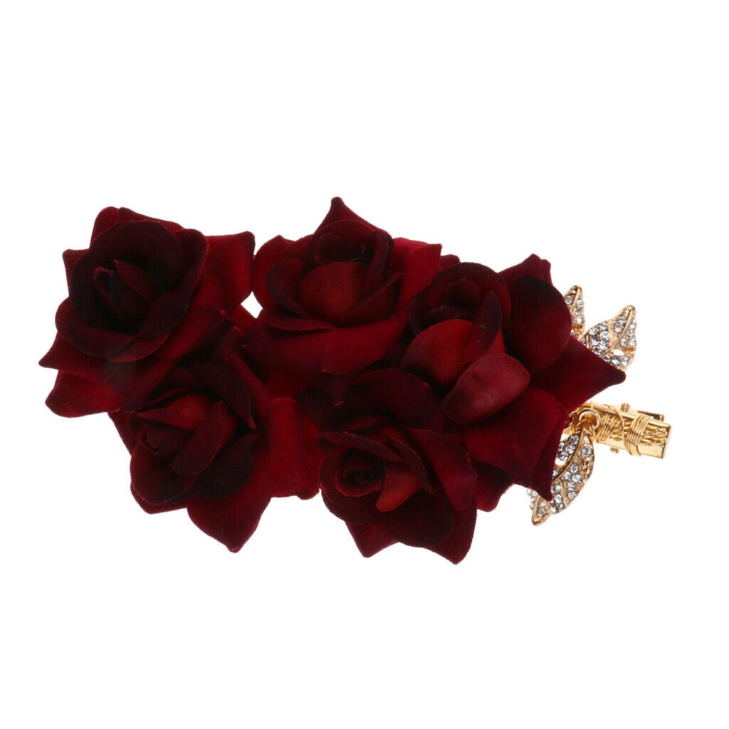 15x7cm Red Cloth Rose Wedding Hair Pins for Brides with Bling Rhinestones