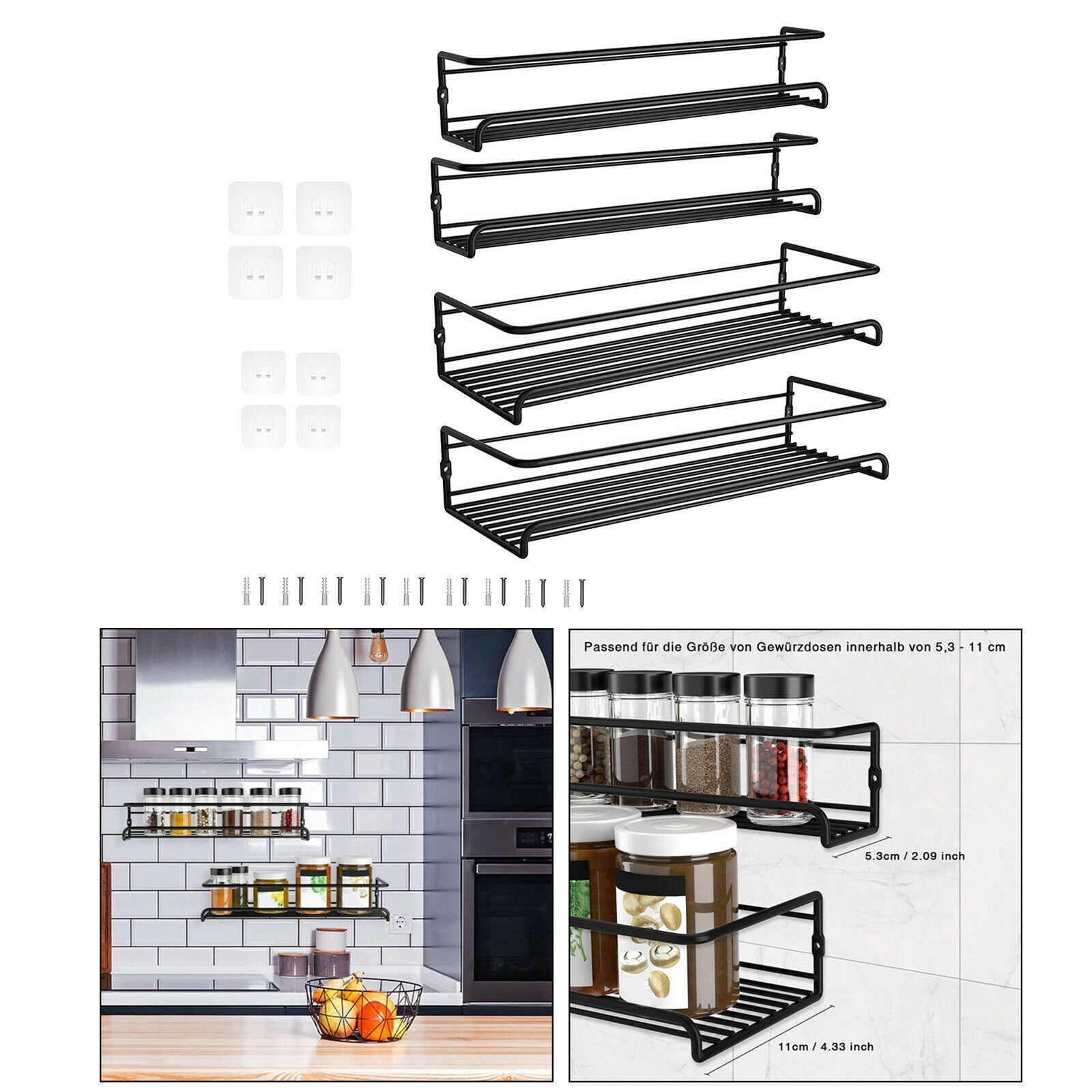 Set of 2 Durable Black Hanging Spice Shelves Storage Rack Kitchen