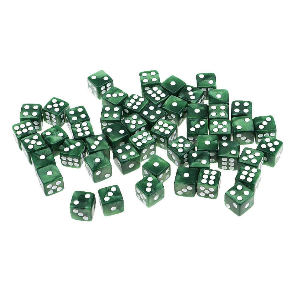 Pack of 50 Acrylic Six Sided Square D6 12mm Dice - Green with White Pips