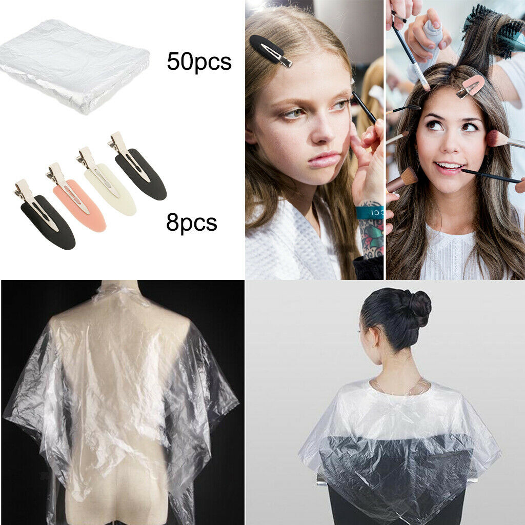 50X Disposable Hair Cutting Coloring Capes & 8X No Bend Hair Bangs Curl Clip