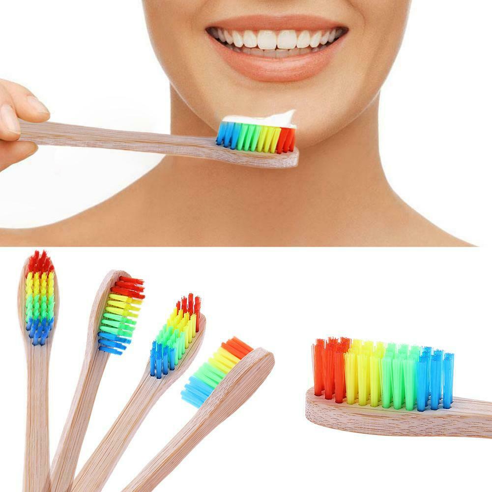 10pcs Soft Rainbow Head Bamboo Toothbrushes Oral Care Teeth Whitening Tools @