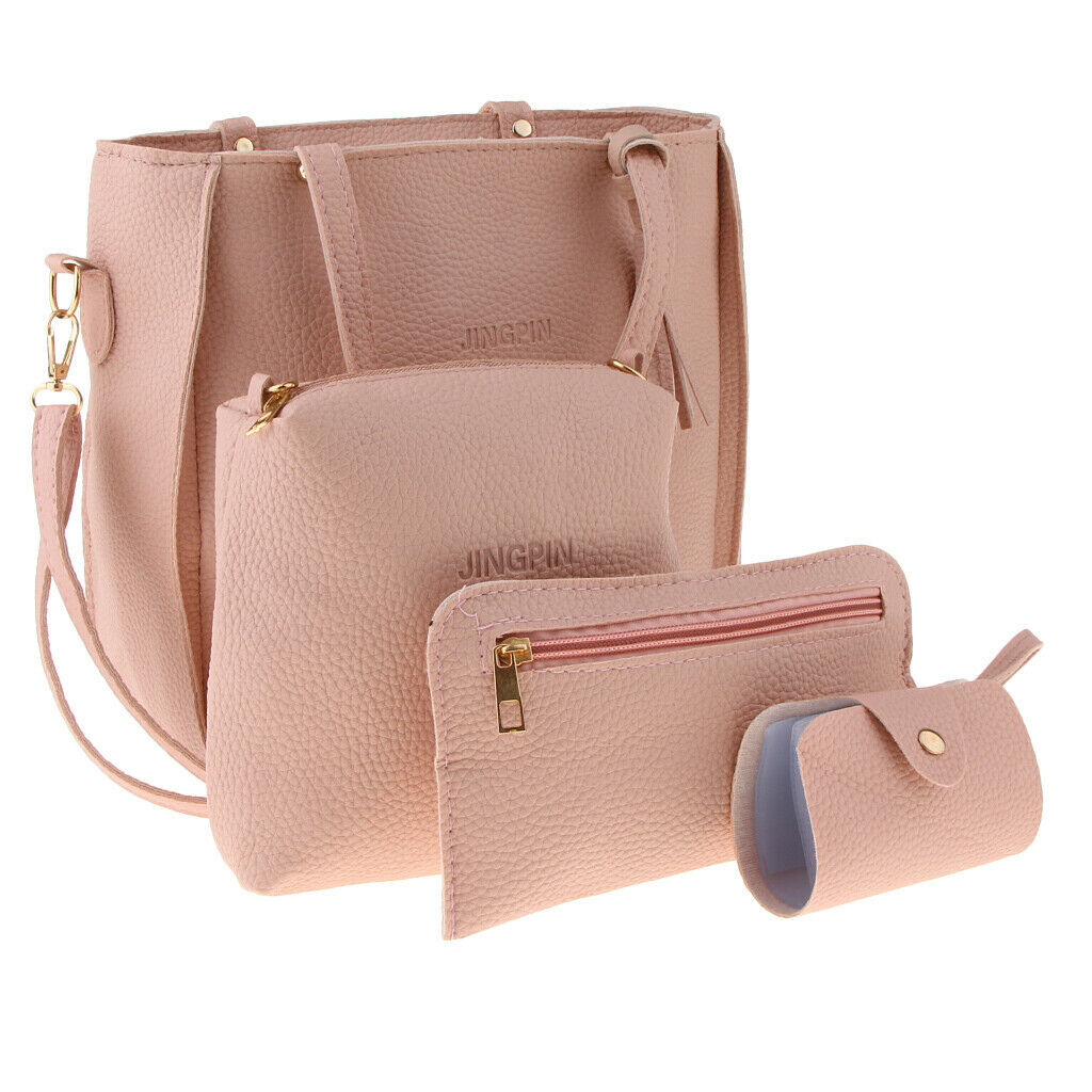 4PCS Women PU Leather Handbag Shoulder Bags Tote Purse Satchel Bag Set Pink