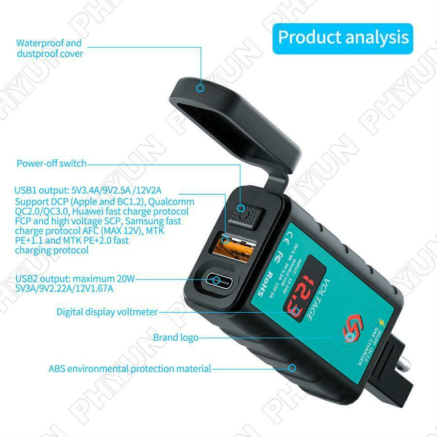 Motorcycle Moped USB + Type-C Fast Charger w/ Voltmeter Power Switch SAE Socket