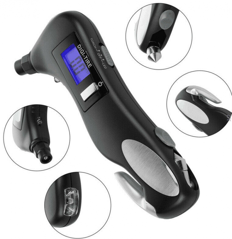 Tire Air Pressure Gauge Digital Display Tester Flashlight Window Breaker Cutter