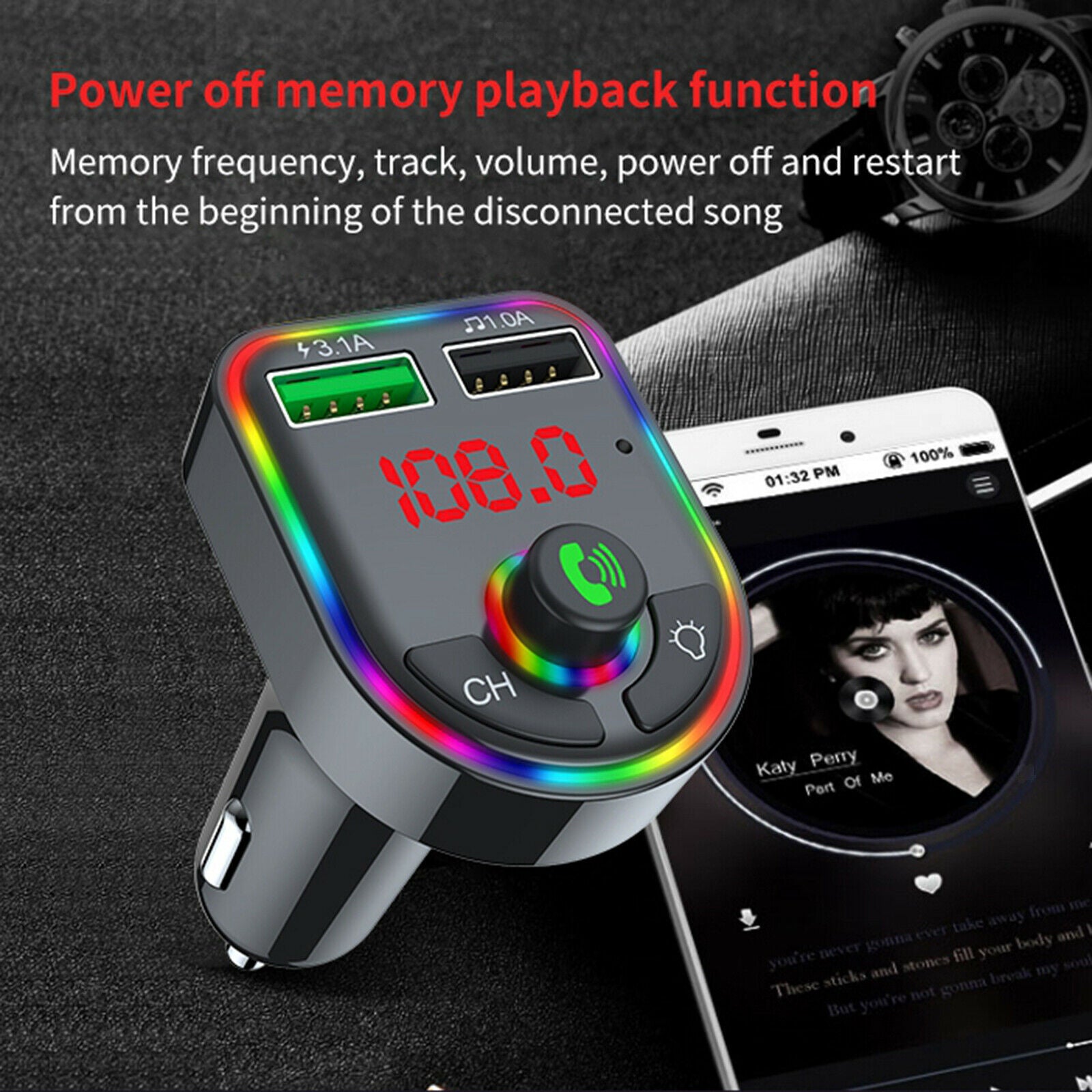 Car Bluetooth V5.0 FM Transmitter Quick Charge Hands-Free Call 2 USB Ports