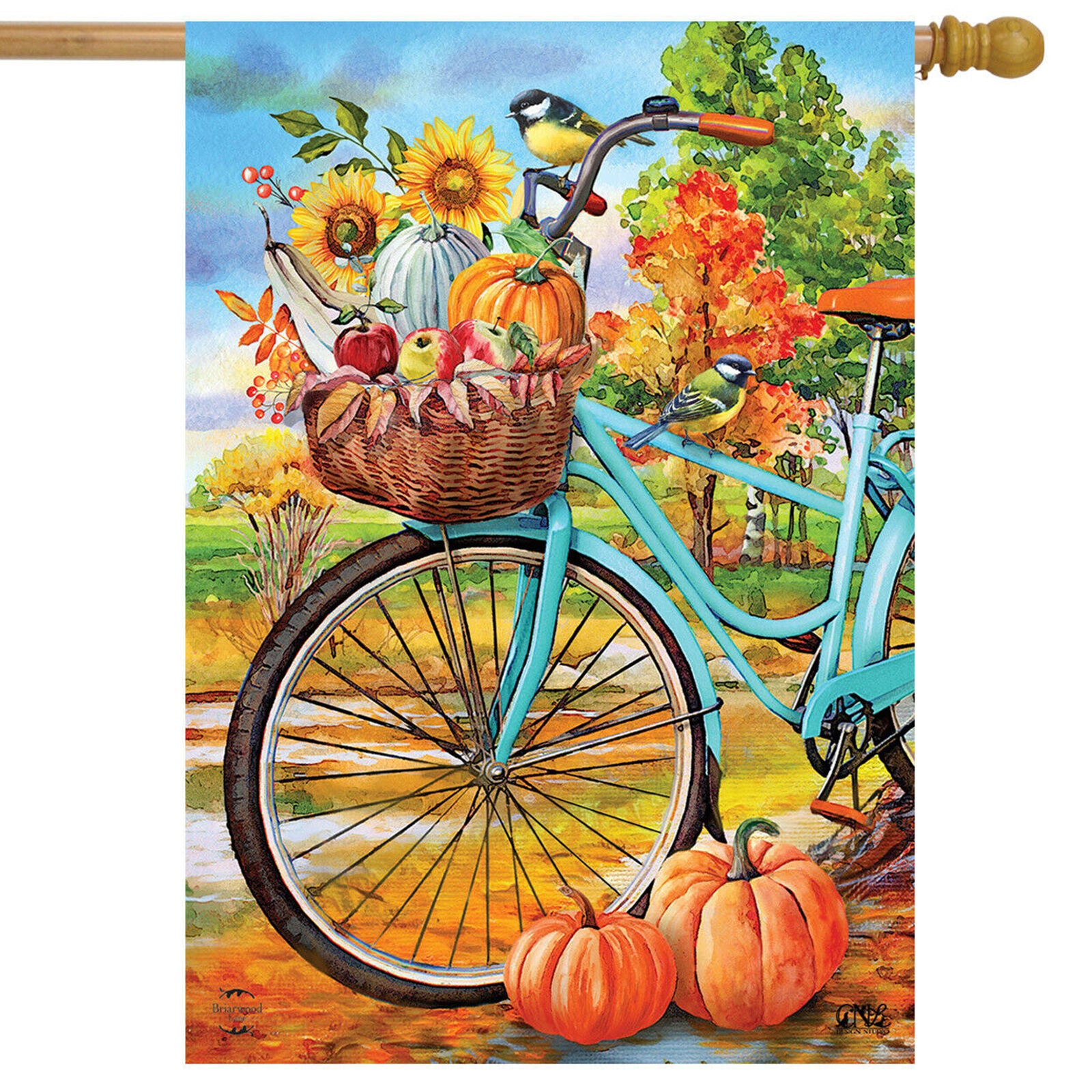 Autumn Bicycle House Flag Pumpkins Sunflowers 28" x 40" Briarwood Lane