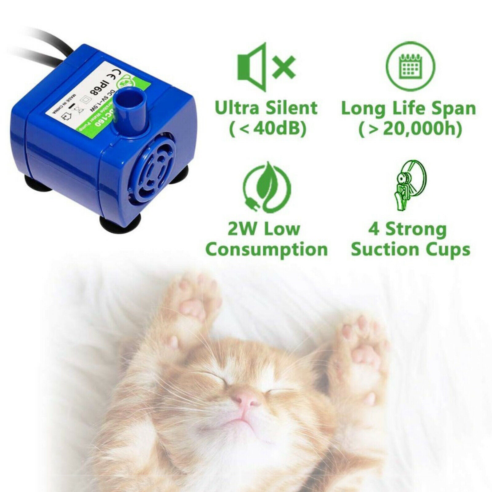 2Pcs 1.8M Cable Drinking Fountain Pump with LED Replacement for Cats Dogs