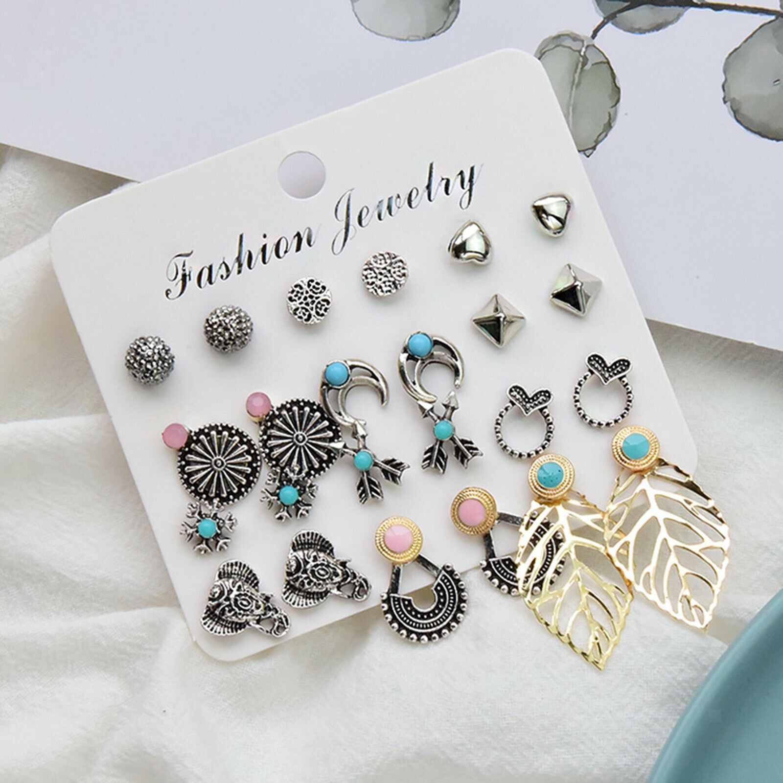 12 Pairs Alloy Leaf Earrings Elegant Women Girl's Ear Stud Set Jewelry