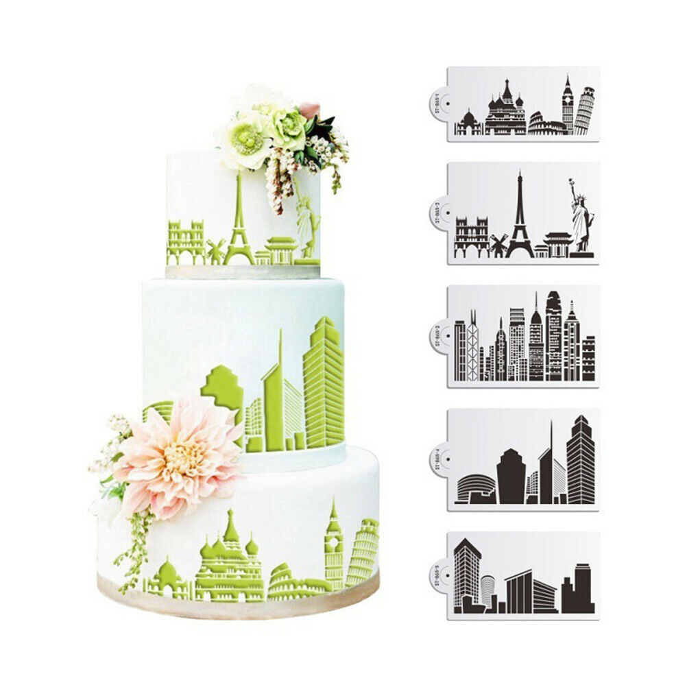 5PCS Buildings Cake Stencils Cookies Mousse Mold Coffee Template Bakingcraft Tt