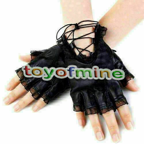 Gothic Punk Women's Lambskin Leather Lace Trim Straps Fingerless Gloves Black