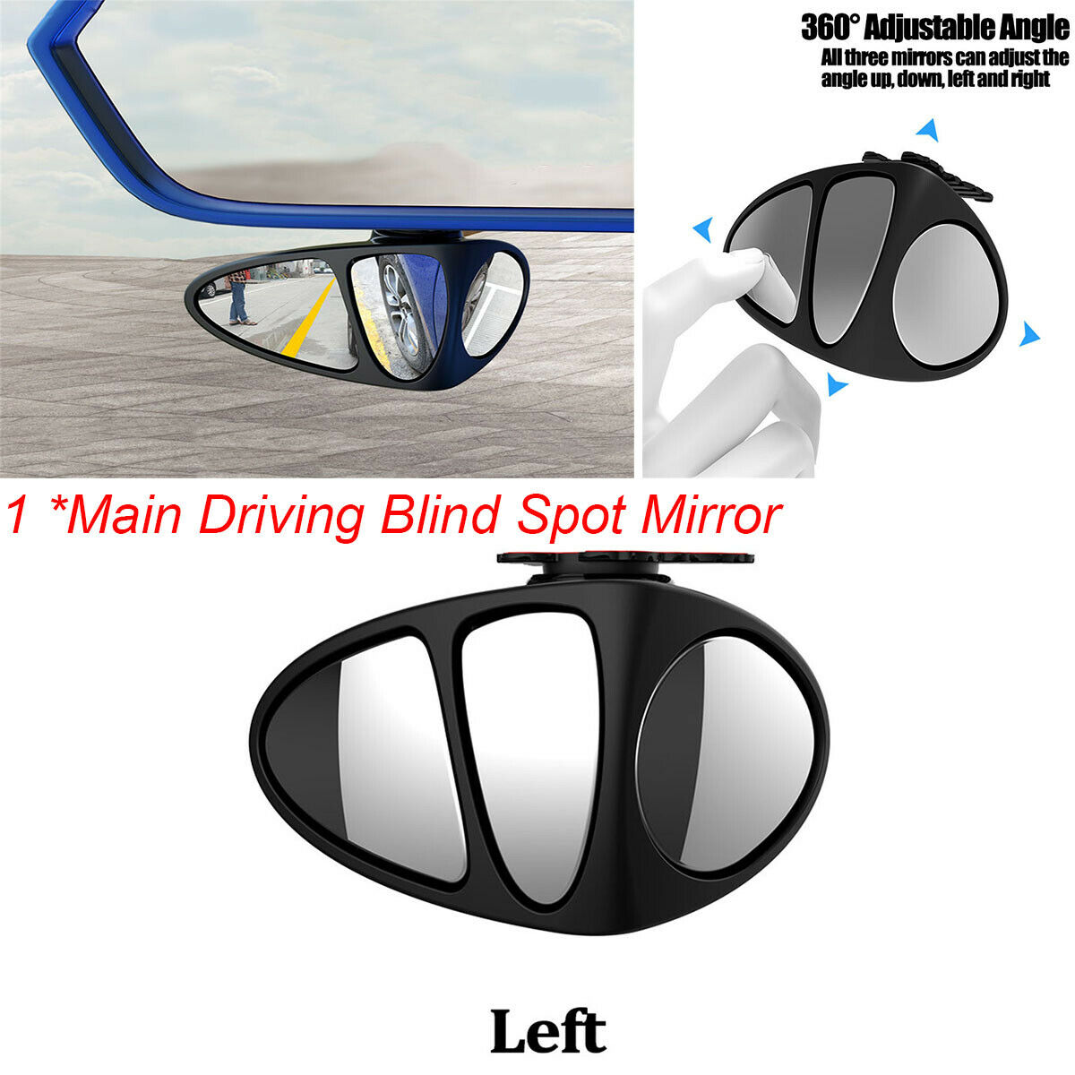 1PC Universal Car Main Driving Side Blind Spot Rearview Mirror 360° Wide Angle