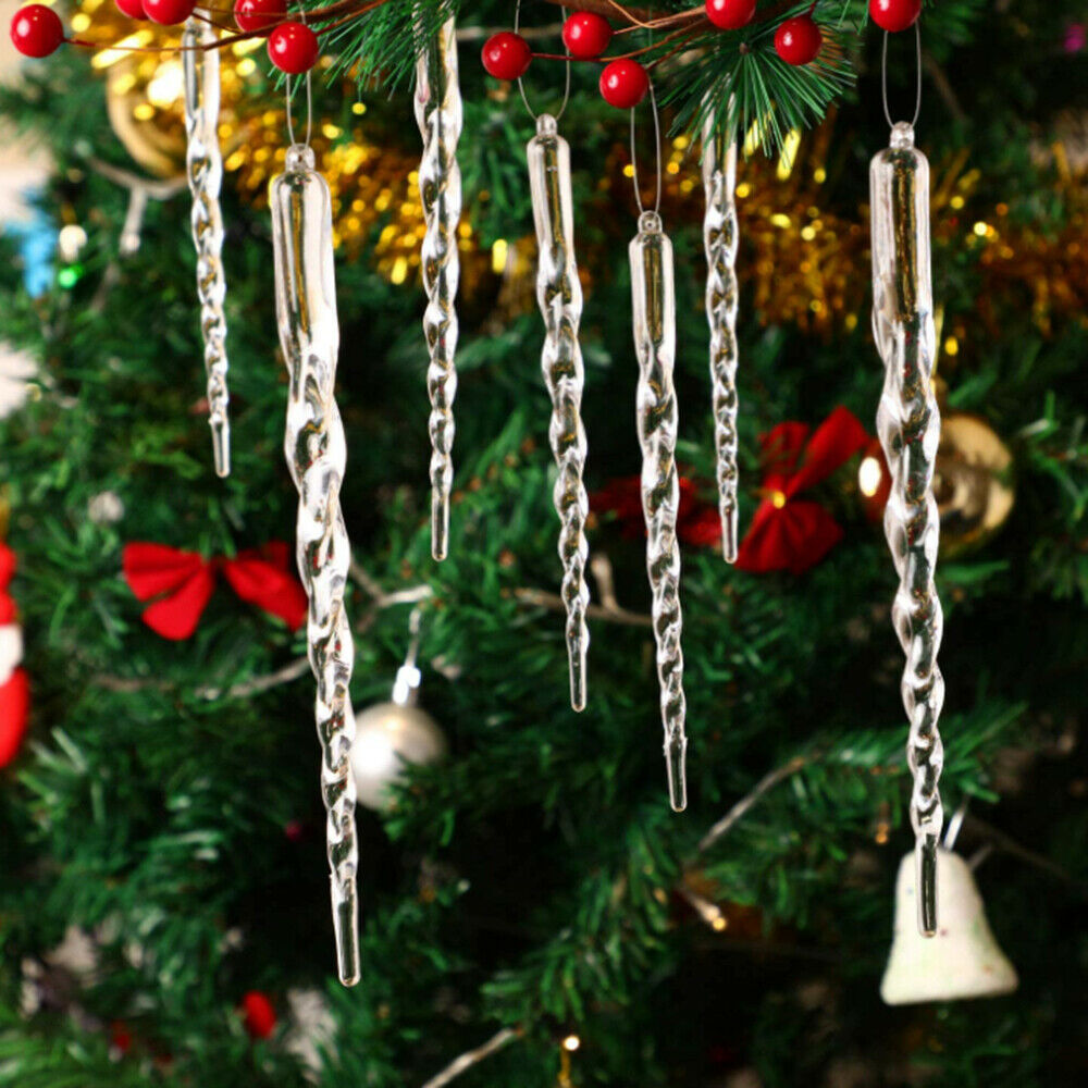 12Pcs Clear Glass Pendant Transparent Icicle Christmas Tree Hanging Decorations