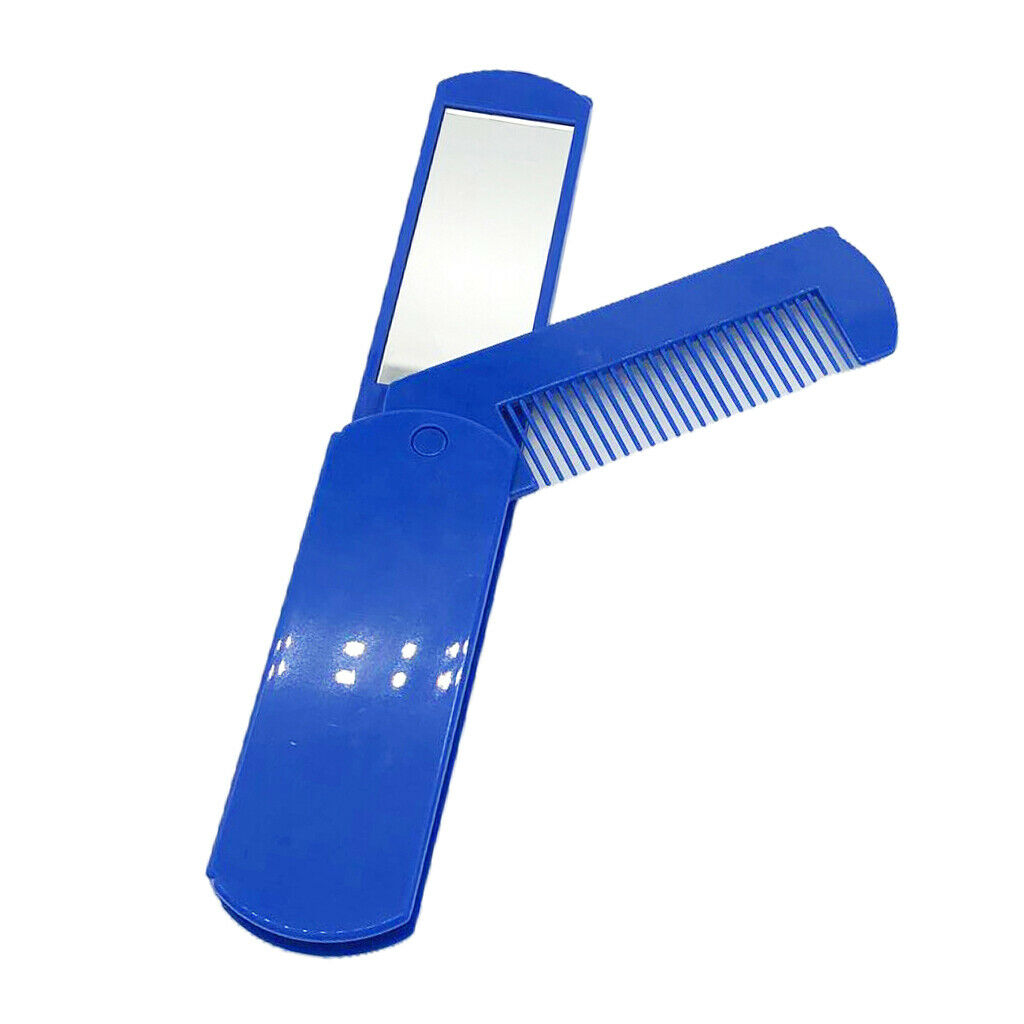 Foldable Travel Beard Comb Mustache Shaving w/Makeup Mirror for Pockets Blue