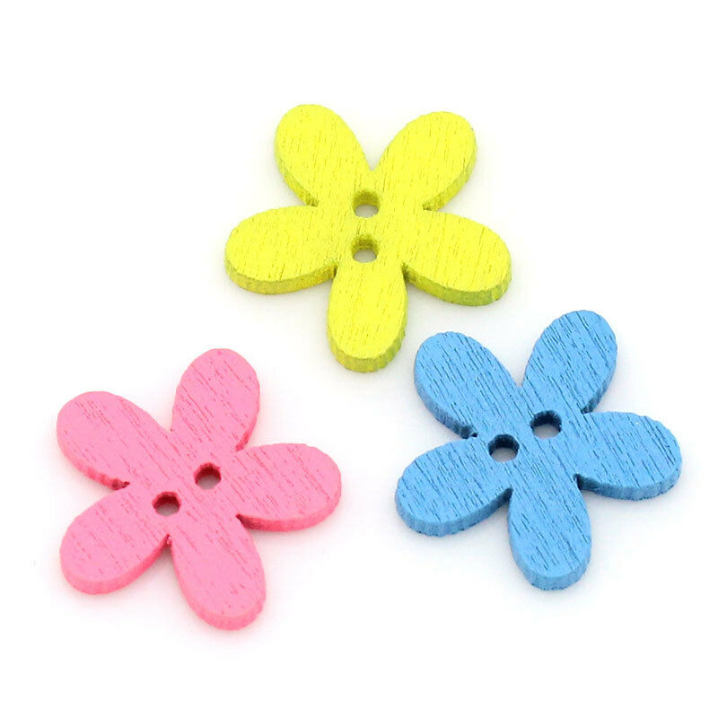 200PCs Wooden Buttons Flowers Sewing Scrapbooking Flowers Shaped 2 Holes Mixed