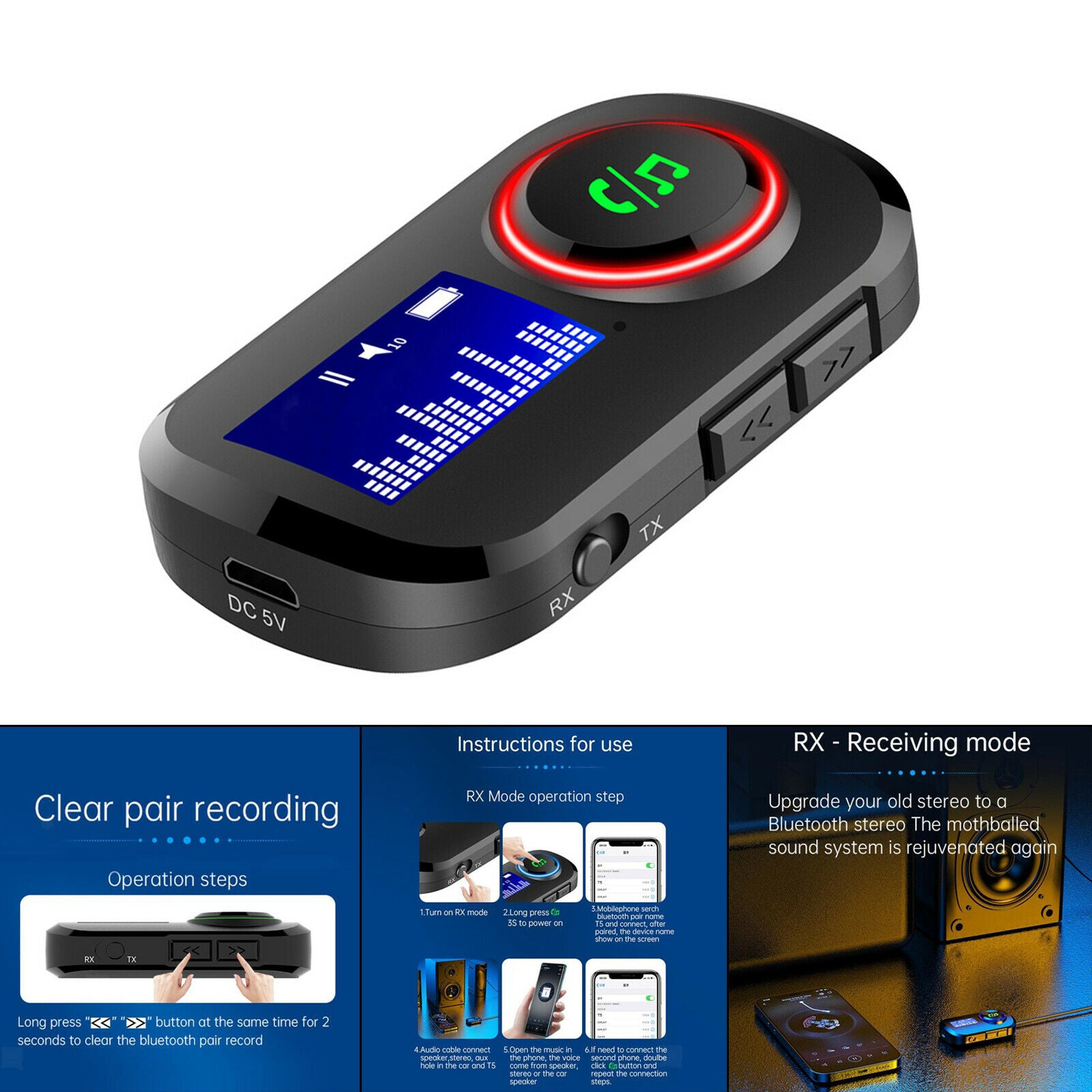 Bluetooth 5.0 transmitter and receiver, 3.5mm audio adapter with screen, for