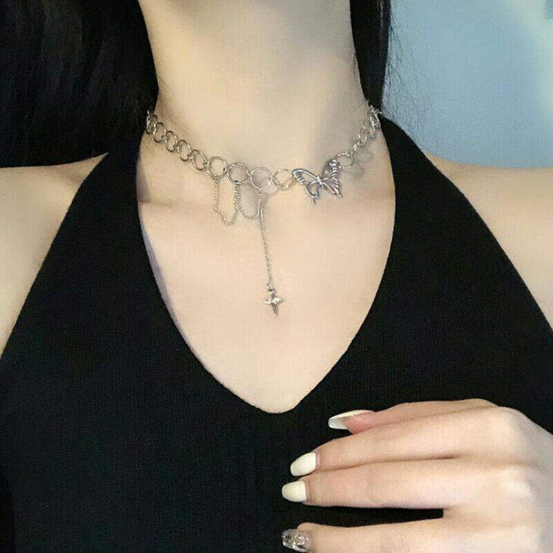 Punk Butterfly Necklace Women Gothic Chain Tassel Choker Jewelry Accessor.l8